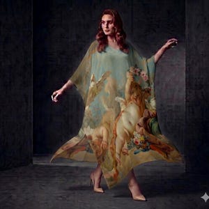 Puede incluir: Una capa fluida, de color azul claro y beige con estampado, con cuello en V. La capa presenta una pintura clásica de querubines, flores y pájaros. La modelo lleva tacones altos color nude.