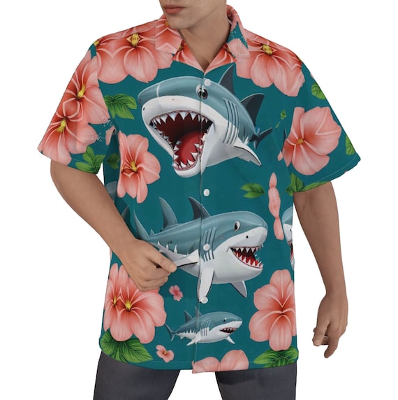 Floral Shark Shirt Cotton Men's Hawaiian Aloha Retro Button