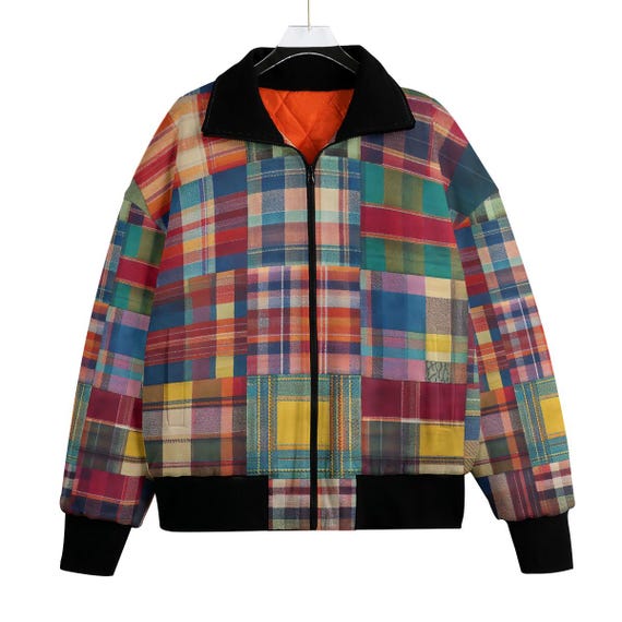 Patchwork Plaid Madras Bomber Jacket Fleece Quilted Coat Short