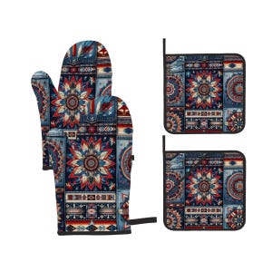 May include: A set of two blue and red patterned oven mitts. One mitt is a full hand covering and the other is a square potholder.