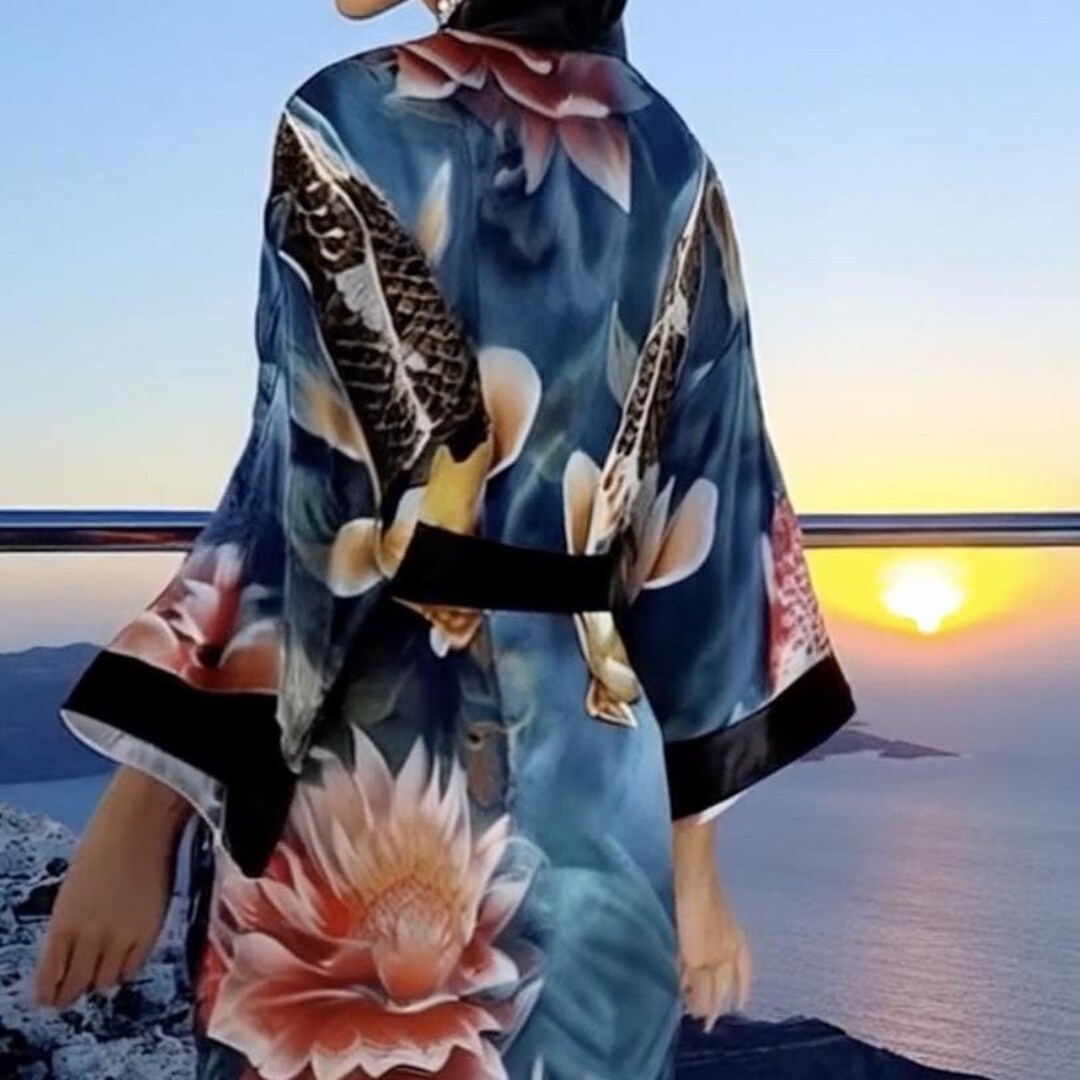 Koi Fish Kimono Robe, Rainbow, Satin Maxi Long Bathrobe, Blue Water ...