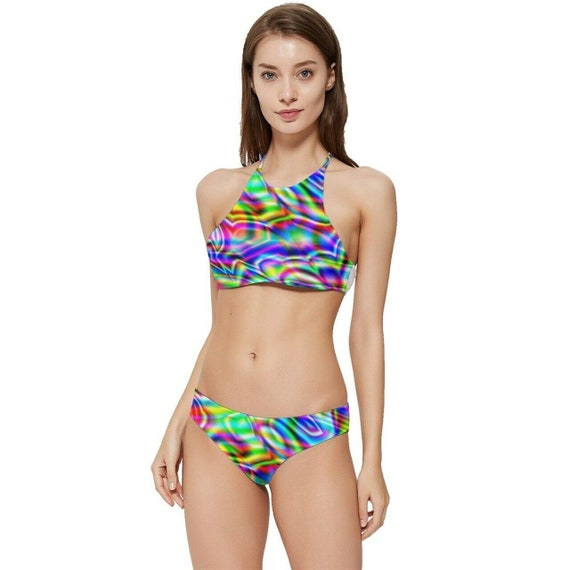 Psychedelic Banded Crop Tank Bikini Trippy Bathing Suit XS-3X Swimsuit  Rainbow 