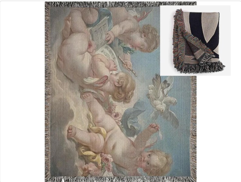 May include: A tapestry throw blanket featuring a vintage illustration of cherubs playing music in a sky with clouds. The cherubs are depicted in a light pink and white color scheme.