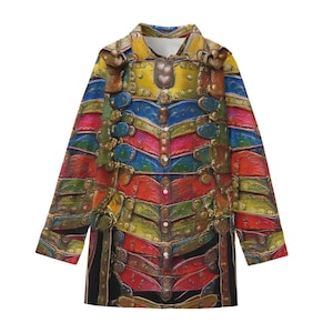 May include: A long-sleeved button-down shirt with a colorful, intricate pattern of overlapping metal pieces. The shirt is made of a lightweight fabric and has a relaxed fit.