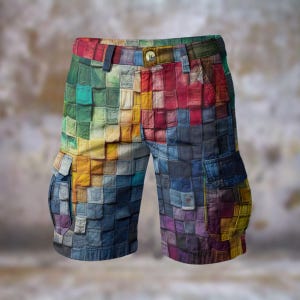 Peut inclure: Shorts cargo colorés avec un motif patchwork. Le short est doté d'une fermeture boutonnée, de passants de ceinture et de plusieurs poches. Le motif intègre une variété de couleurs, dont le rouge, le bleu, le vert et le jaune, créant un aspect vibrant et accrocheur.