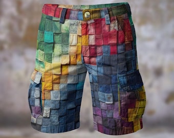 Luide tie-dye patchwork print heren cargo shorts comfort wandelen reizen streetwear resort strand, cadeau voor hem, gebonden geverfd kleurrijk festival