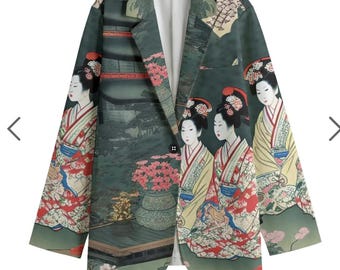 Geisha Girl Blazer Cotton Suit Jacket Floral Asian Cherry Blossom Green Pink Birthday Gift Tall Women Pagoda Boho Chic Japanese Art Chinoise