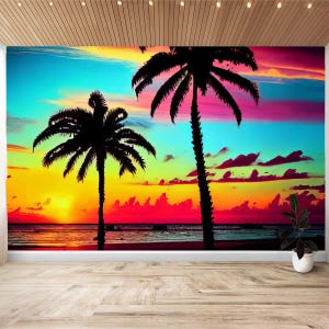 Palm Trees Sunset Wallpaper Peel and Stick, Vinyl Wall Mural, Art Statement, DIY Home Decor, Wall Sticker, Tie Dye Sky, Miami Beach, Dorm