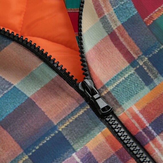 Patchwork Plaid Madras Bomber Jacket Fleece Quilted Coat Short