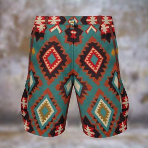 Southwestern Tribal Mens Cargo Shorts Comfort Casual Walking Travel Statement Streetwear Vibrant Resort Showstopper Western Gift for Him