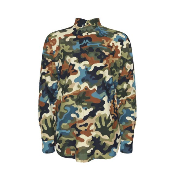 Blue Camouflage Cotton Shirt Mens Dress Long Sleeve Button Down Gift for Man Camo Print Lodge Streetwear Casual Rave Trippy Club Tactical