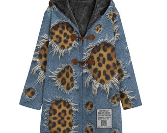Cheetah Leopard Cozy Cotton Jacket Sherpa Fleece Overcoat Hooded QR Music Cloak Coat Fur Lined Unisex Festival Streetwear Punk Rock 3D Holes