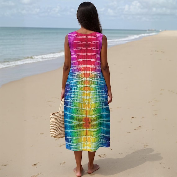 Neon Tie Dye Cotton Slub Dress, Sleeveless Long Shift Summer Breezy Natural  Fiber Slightly Sheer, Beach ,resort Vibrant Festival Tied Dyed
