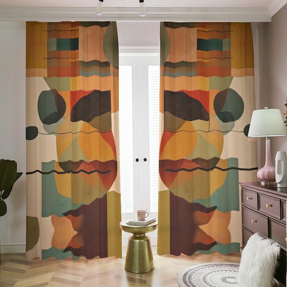 ミッドセンチュリーモダン遮光カーテン、レトロな不透明ドレープ、2枚