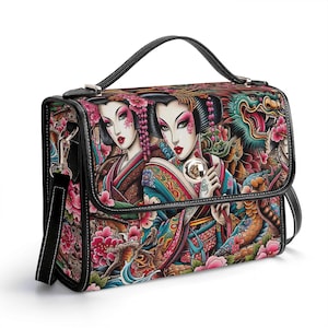 Cartera de piel auténtica con diseño de geisha, cartera de piel con diseño de tatuaje, bolso de mano de piel con diseño de geisha, bolso de hombro, cartera de geisha, bolso tipo mensajero con diseño de geisha