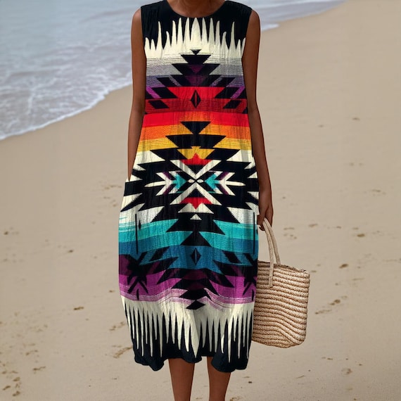 Tribal Southwestern Cotton Slub Dress Sleeveless Shift Summer Breezy Natural Fiber Slightly Sheer Beach Resort Travel Yacht Festival Wig Wam Tribal Southwestern Cotton Slub Dress Sleeveless Shift Summer Breezy Natural Fiber Slightly Sheer Beach Resort Travel Yacht Festival Wig Wam