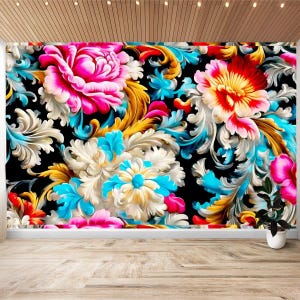 Post Modern Art Wallpaper Peel and Stick, Vinyl Wall Mural, Art Statement, DIY Home Decor, Wall Sticker,  Abstract, MCM Floral, Turquoise