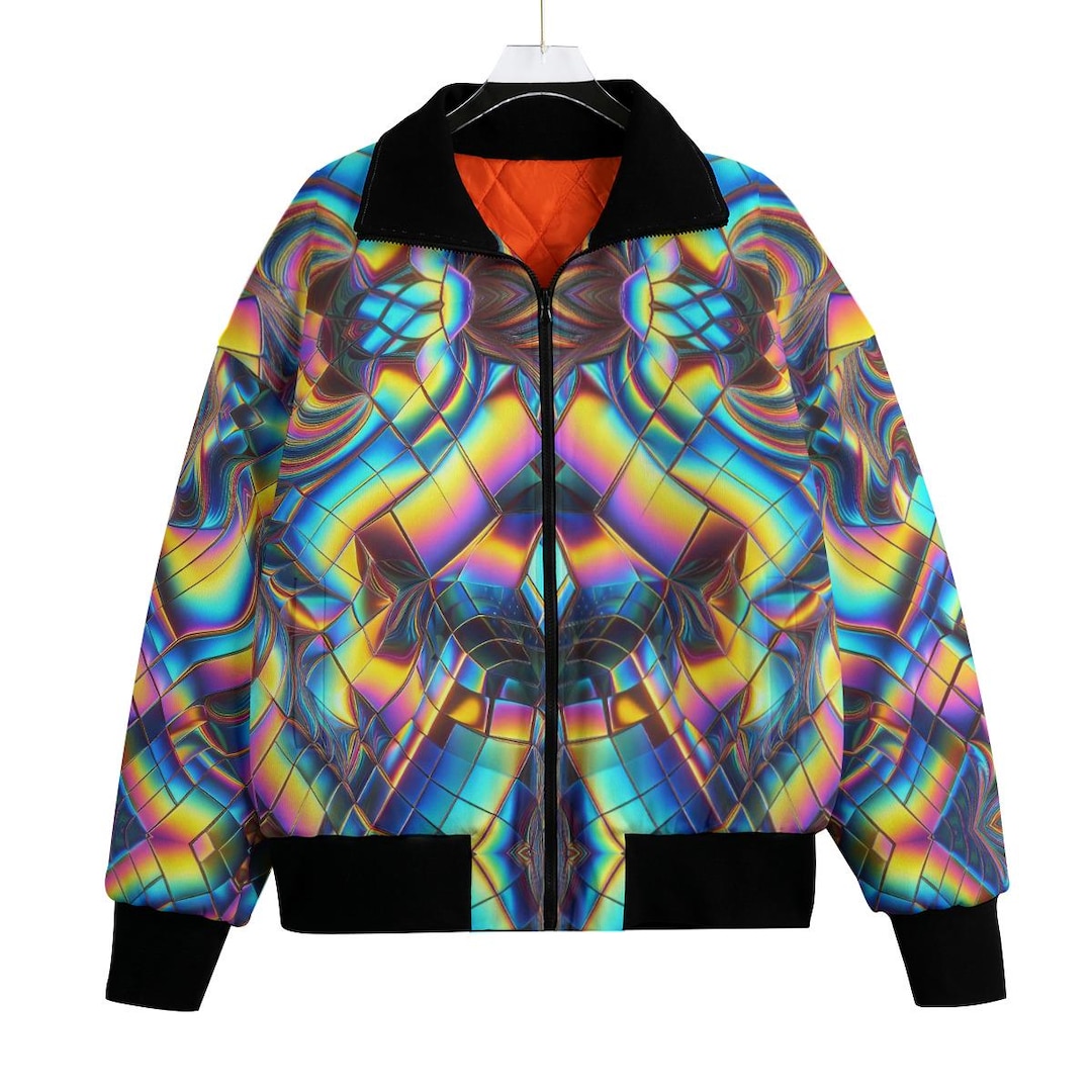 Psychedelic Rainbow Neon Bomber Jacket Fleece Quilted Coat Short Mens ...