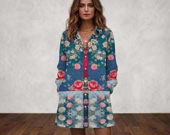 Bohemian Floral Cotton Shirt, Womens Button Down Blouse, Long Sleeve Top Tunic ,Office Gift, Casual. Boho, Loungewear Blue Flower Patchwork