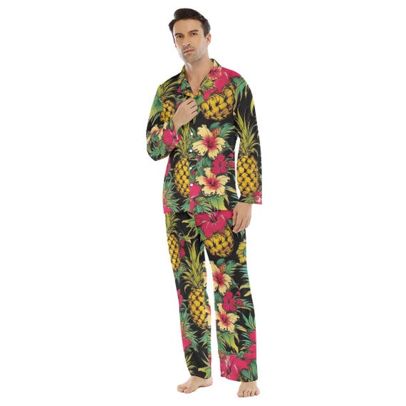 Pineapple Aloha Mens Satin Pajamas Button Down Sleepwear Set Gift