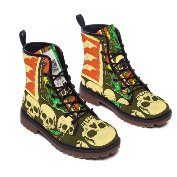 Zombie Skull Bats Comic Style Mens Combat Boots Punk Rock Music