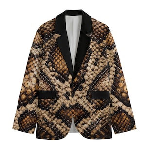 Blazer masculino esportivo em algodão com estampa de cobra píton, estilo rockabilly marrom.