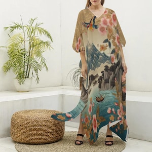 Crane Kaftan, Landscape Caftan, Chinoise Kimono Robe, Pastel Floral MuuMuu , Boho Maxi Dress, Long Tunic Loungewear, Festival Gown, Mom Gift
