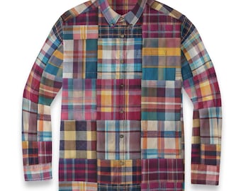 Burgundy Red Plaid Madras Mens Cotton Button Down Long Sleeve Shirt Collared, Gusset, Casual Dress Oxford Gift For Man,Handmade Printed