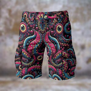 Octopus Tentacles Mens Cargo Shorts Comfort Long Casual Walking Travel Statement Streetwear Vibrant Resort Showstopper Beach, Gift for Him
