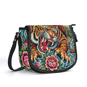 Bolso de piel auténtica con diseño de tatuaje de tigre, bolso de piel de grano superior, bolso de mano de motociclista, regalo para ella, bolso de hombro de lujo, cartera con diseño floral tropical