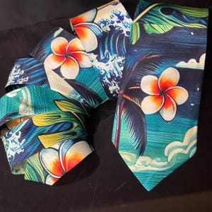 Mens Hawaiian Tie Floral Imitation Silk Necktie Menswear Aloha Festival Resort Travel Hawaii Dad Gift Surfer Son Waves Turquoise Blue Green