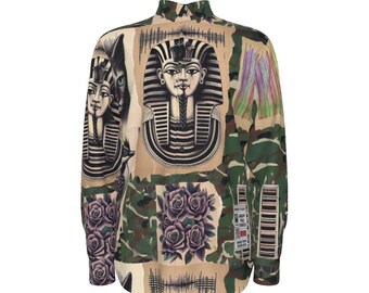 King Tut Camo Punk Rock Mens Dress Shirt Cotton Button Down Oxford Long Sleeve Gift for Man,Streetwear Handmade Damaged Youth Interactive
