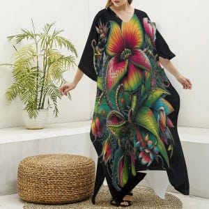 Venus Flytrap Kaftan, Psychodeliczny Kaftan, Rave Kimono Robe, Tropical MuuMuu, Boho Maxi Dress, Tunika Loungewear, Trippy Festival Gown, Prezent