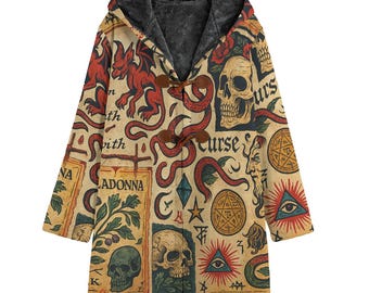 Grimoire Magic Spell Cotton Jacket, Witchcraft Sherpa Fleece Overcoat, Demon Hex Curse Hooded Cloak, Occult Coat, Esoteric Fur lined Unisex