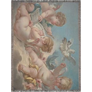 Boucher Cherub Cotton Woven Blanket, Putti Throw Cherubim Couch Cover Blanket Shawl, Rococo Decor Tapestry Angels Art, Made in U.S.A Cupid image 9