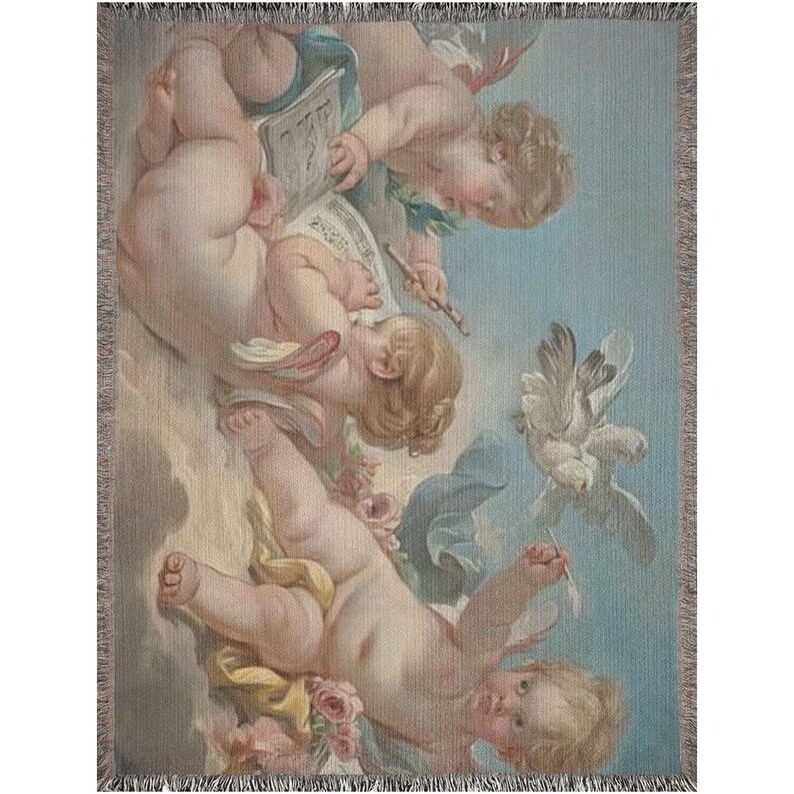 Boucher Cherub Cotton Woven Blanket, Putti Throw Cherubim Couch Cover Blanket Shawl, Rococo Decor Tapestry Angels Art, Made in U.S.A Cupid image 9
