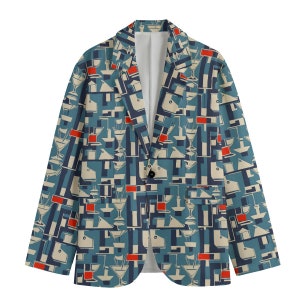 May include: A blue blazer with a geometric pattern of abstract shapes and red and white cocktail glasses.