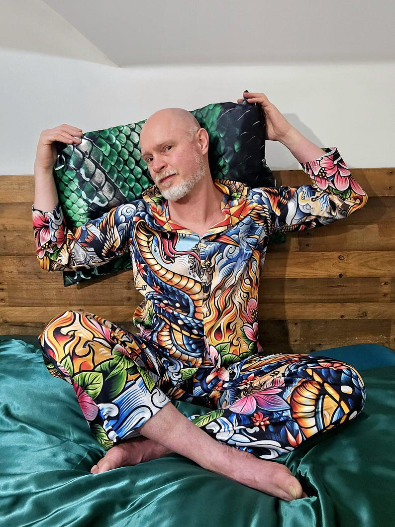 Tattoo Schlange Cobra Satin Pyjamas Nachtwäsche Geschenk Herrenmode Loungewear Luxus PJ's Geburtstag Vatertag Rockabilly Vintage Nautisch Bild 1
