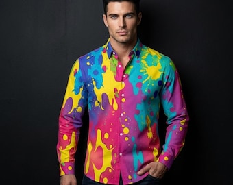 Camisa de vestir para hombre con estampado de salpicaduras de pintura, de algodón con botones, regalo para hombre, ropa urbana masculina, artística, hecha a mano, estilo festival rave psicodélico, graffiti.