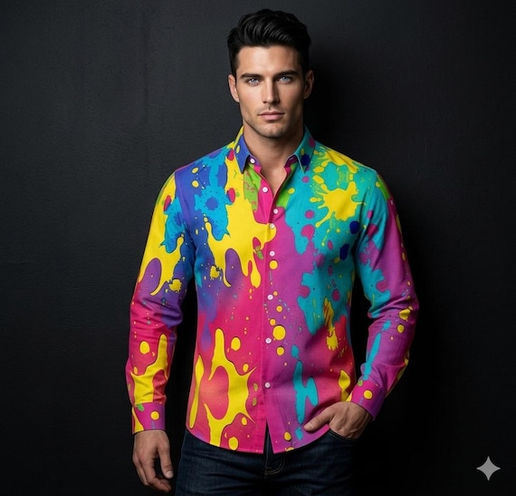 paint splatter dress shirt Splatter Paint Mens Dress Shirt, Cotton Button Down, Gift for Man, Streetwear Menswear, Artsy, Handmade Psychedelic Rave Festival, Graffiti