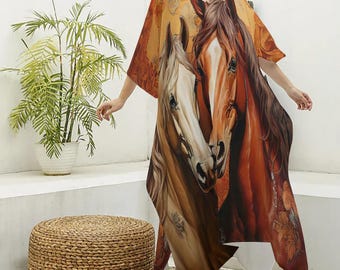 Horses Kaftan Dress, Western Caftan, Luxury Kimono Robe, Equestrian MuuMuu Maxi, Horse Tunic Loungewear, Club Party Travel Outfit, Gift