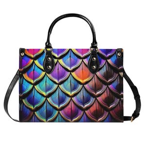 Bolso de mano de cuero de lujo con escamas de pez pavo real, cartera con asa superior, bolso de mano de cuero genuino de grano superior, bolso de hombro de alta costura, psicodélico