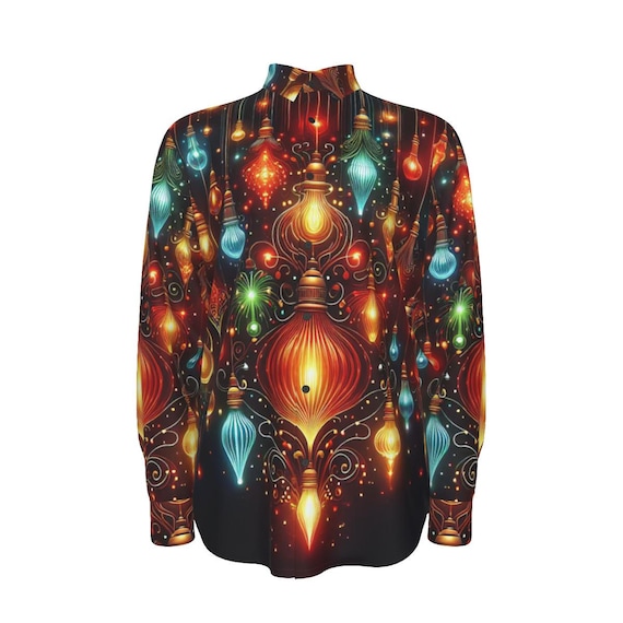 Christmas Lights Mens Dress Shirt, Cotton Button Down, Gift for Man, Streetwear Menswear, Handmade Ugly Xmas Tacky Colored Light Long Sleeve