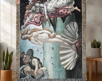 Botticelli Birth of Venus  Cotton Woven Blanket, Art Throw Couch Cover Blanket Shawl, Floral Decor Tapestry, Made in U.S.A, Gift Painting