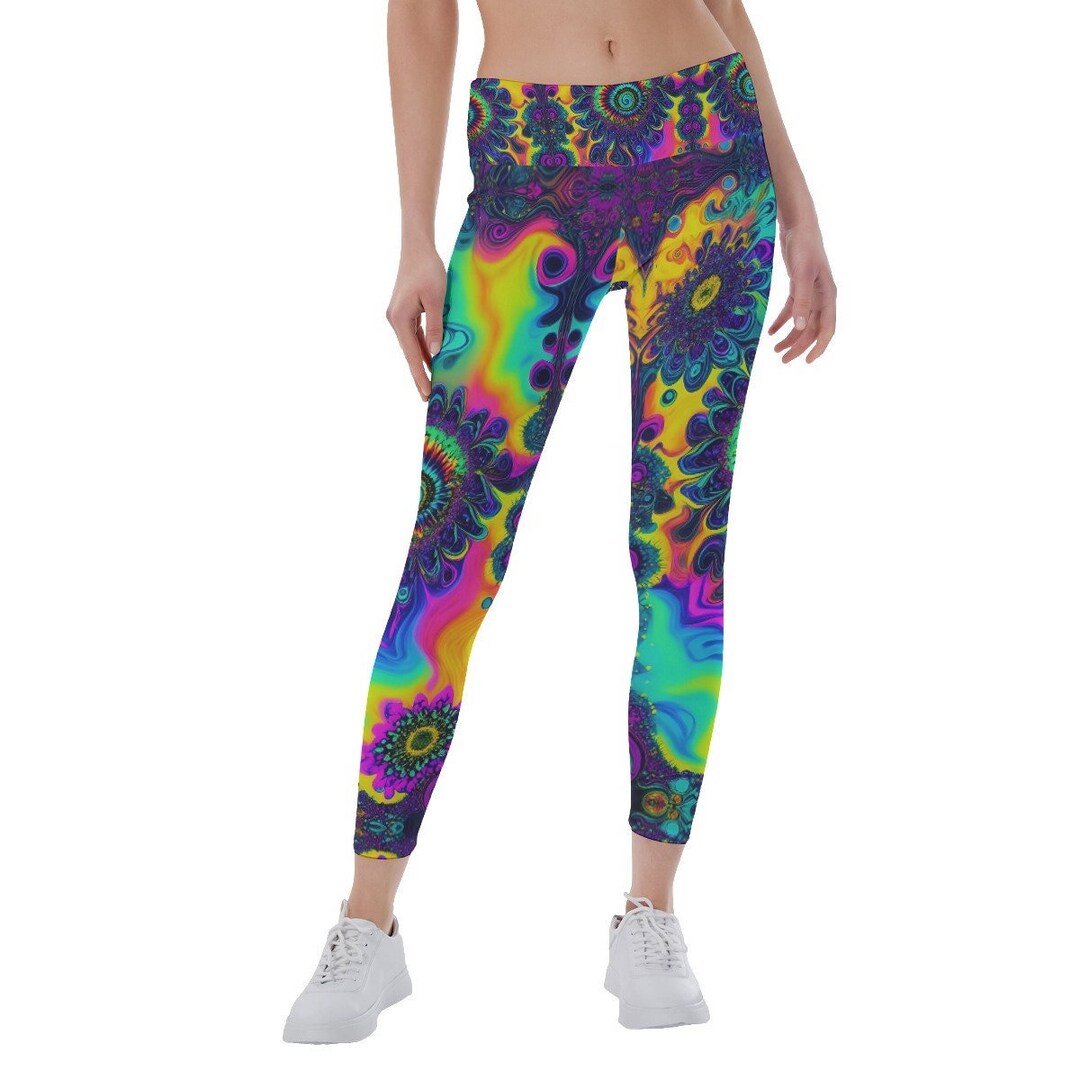 Tie Dye Floral Yoga Leggings Hip Hugging Soft Opaque Bohemian Trippy