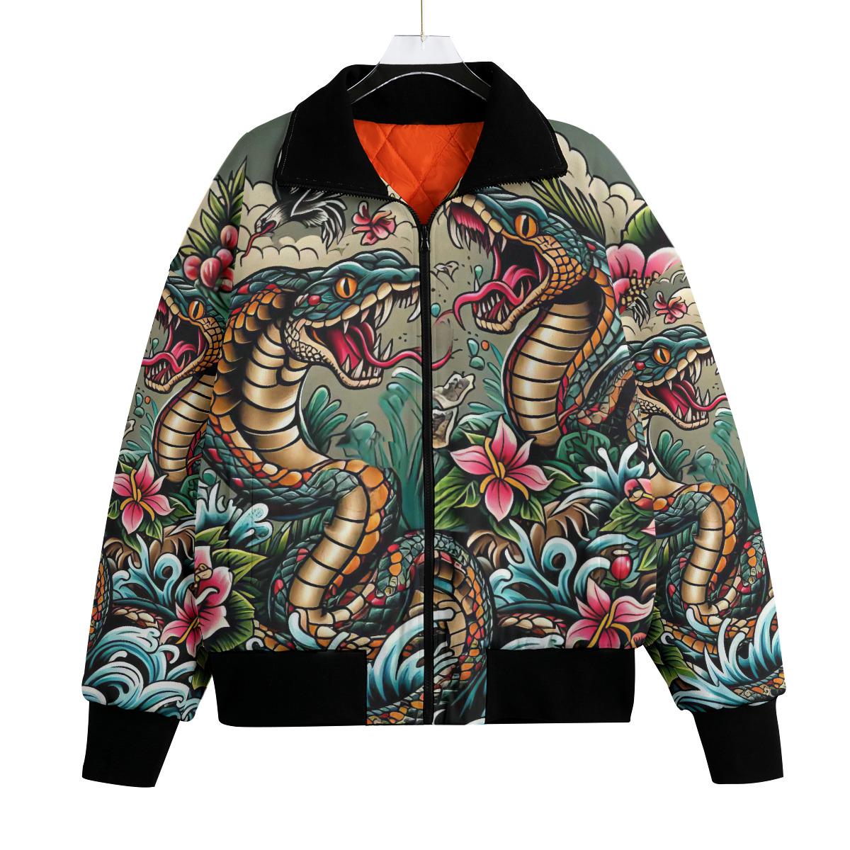Cobra Motorcycle Jacket, Snake Bomber Jacket,Mans Biker Quilted Coat, Menswear Streetwear, Gift, Big Man Tattoo Graffiti Comic Cartoon Flame