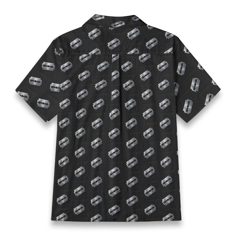 Damaged Youth Cotton Shirt Button Up Collared Short Sleeve Handmade Oxford Pocket, Punk Rock Pocket Retro Rockabilly Gift, Black Silver image 7