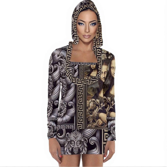 Baroque Mona Lisa Mini Dress, Hooded Minidress, Silver Greek Key 