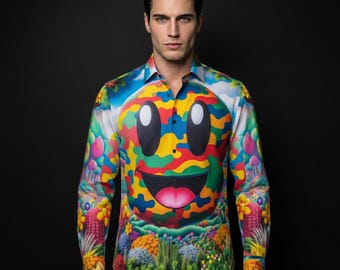 Happy Face Chemise de ville en coton pour homme boutonnée Oxford à manches longues Cadeau pour homme, Streetwear Homme Emoji Smiley Festival Club Showstopper