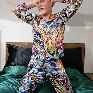 Tattoo Schlange Cobra Satin Pyjamas Nachtwäsche Geschenk Herrenmode Loungewear Luxus PJ's Geburtstag Vatertag Rockabilly Vintage Nautisch Bild 15